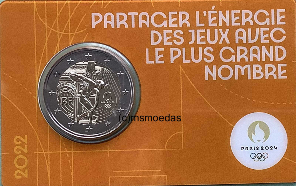 Frankreich 2 Euro CoinCard 2022 Olympische Spiele Paris 2024 Gedenkmünze Nr. 3 (gelb) Diskuswerfer