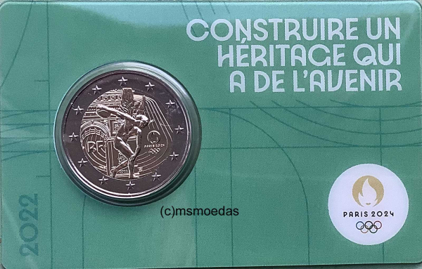 Frankreich 2 Euro CoinCard 2022 Olympische Spiele Paris 2024 Gedenkmünze Nr. 5 (grün) Diskuswerfer