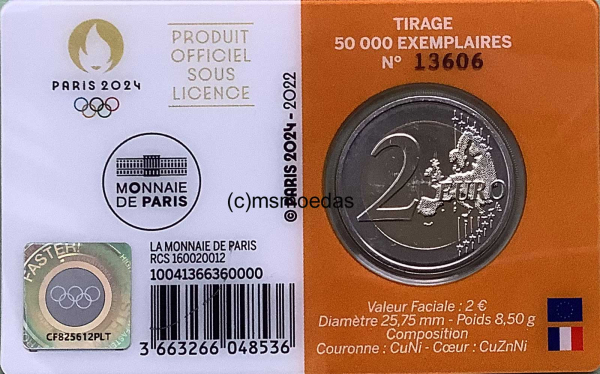 Frankreich 2 Euro CoinCard 2022 Olympische Spiele Paris 2024 Gedenkmünze Nr. 3 (gelb) Diskuswerfer