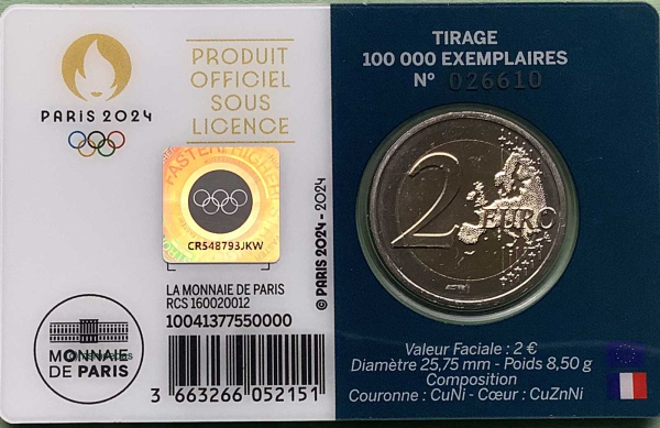 Frankreich 2 Euro CoinCard 2024 Olympische Spiele Paris Gedenkmünze Nr. 2 (blau - A) Herkules Ringkampf