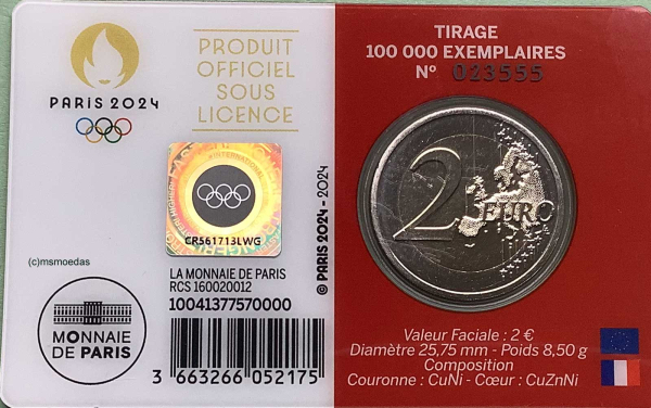 Frankreich 2 Euro CoinCard 2024 Olympische Spiele Paris Gedenkmünze Nr. 4 (rot - I) Herkules Ringkampf