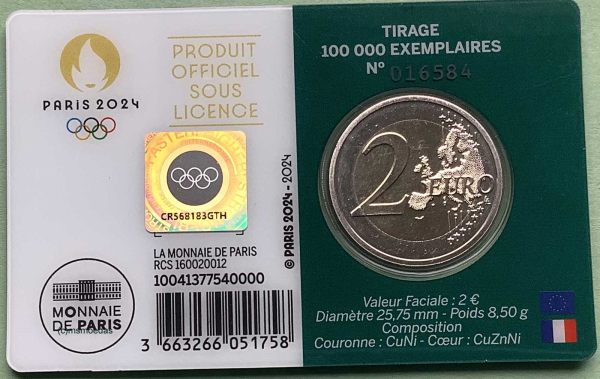 Frankreich 2 Euro CoinCard 2024 Olympische Spiele Paris Gedenkmünze Nr. 1 (grün - P) Herkules Ringkampf