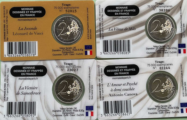 Frankreich alle 4 x 2 Euro CoinCard 2025 Louvre Museum Gedenkmünze