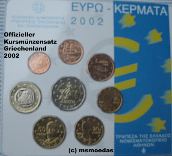 Griechenland Offizieller Euro Kursmünzensatz 2002 (1 Cent bis 2 Euro) Stempelglanz