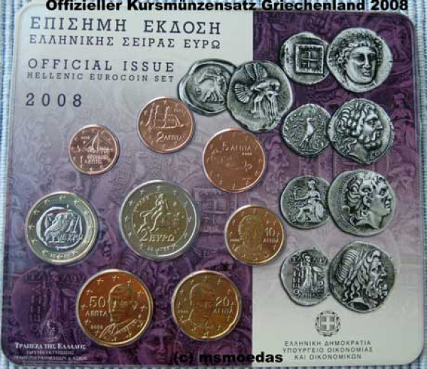 Griechenland Offizieller Kursmünzensatz 2008 (1 Cent bis 2 Euro) Stempelglanz