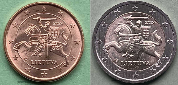 Litauen 2 Euromünzen 2024 (5 Cent, 2 Euro)