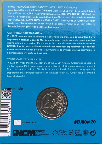 Portugal 2 Euro CoinCard 2022 Erstüberquerung Südatlantik Gedenkmünze BNC