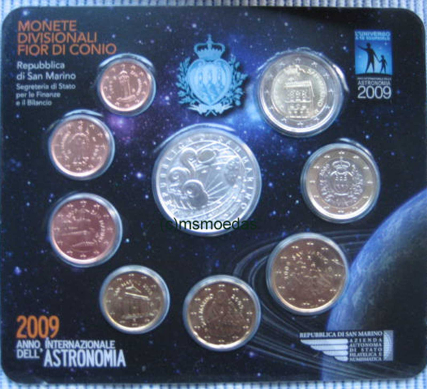 San Marino Offizieller Kursmünzensatz 2009 (1 Cent bis 2 Euro + 5 Euro Silbermünze) Astronomie FDC