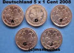 Deutschland 5 x 1 Euro-Cent 2008 (A,D,F,G,J)